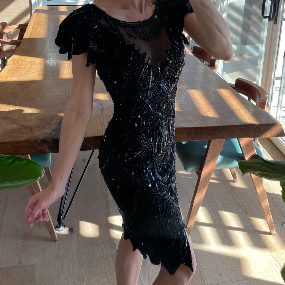 Vintage 1980s Black Silk and Beaded Sheath Dress by Scala